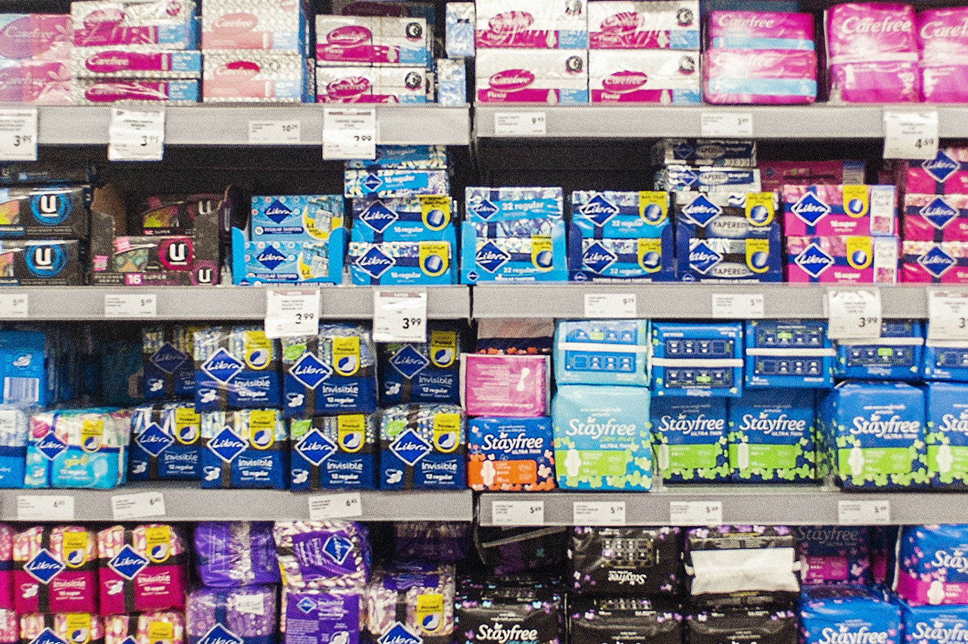 A big display of the various tampons and sanitary pads available in NZ