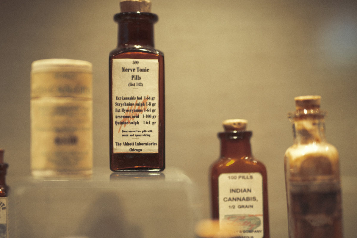 Bottles of medicine in a display stand at the Cannabis Museum Amsterdam