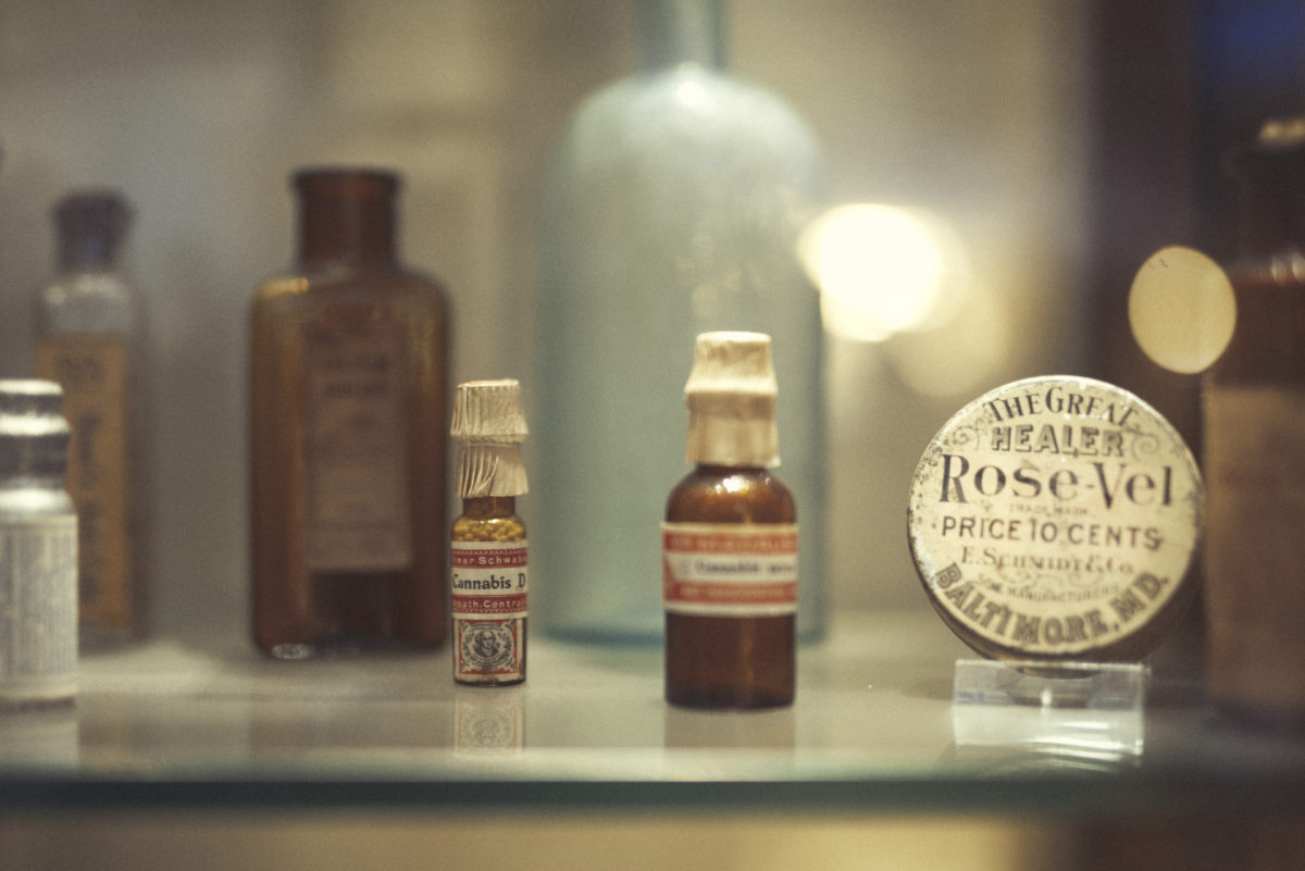 Medicinal bottles at the Cannabis Museum in Amsterdam display health properties of Cannabis